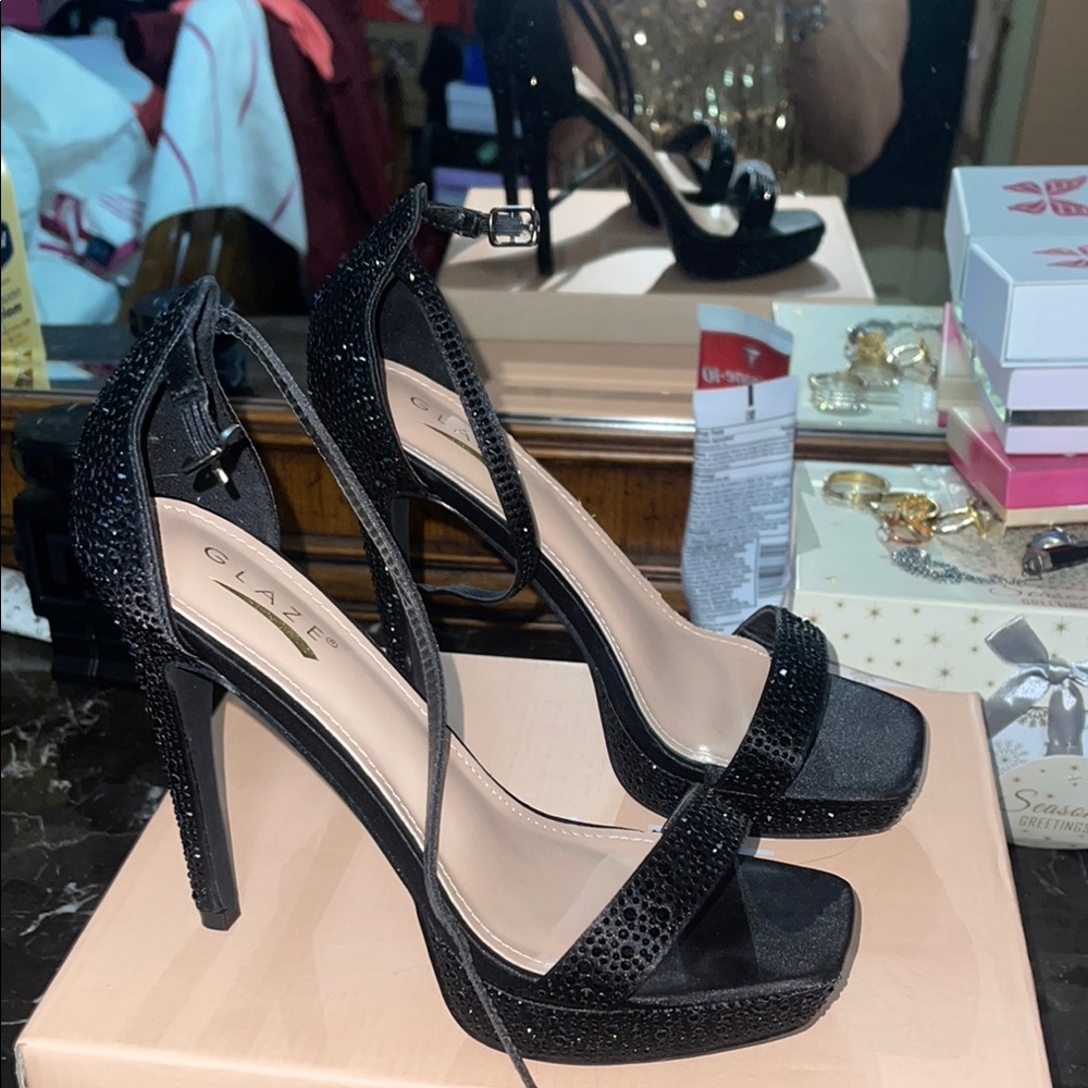 GLAZE Black Strappy Heels